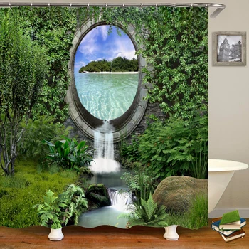 3D Arco de Jardim de Paisagem de Cortina de Chuveiro Floresta, Cachoeira, Natureza, Paisagem Impermeável Tecido de Poliéster Cortina de Banho Decoração de Casa