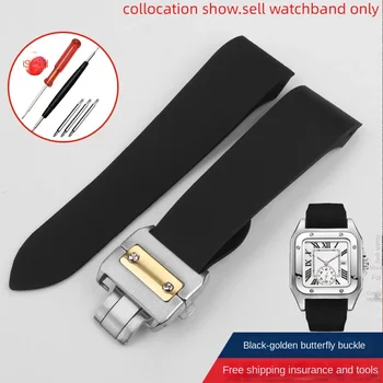 Para Cartier Santos 100 W2020007 Relógio de Aço Inoxidável Fivela da Correia de Relógio 25mm pulseira de Borracha Preta Pulseira de fivela Dobrável