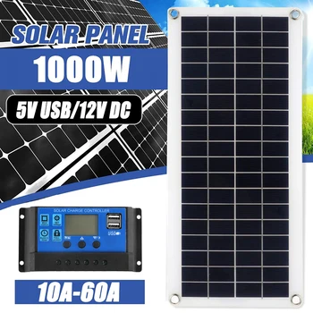 1000W Painel Solar 12V Célula Solar 10A-60A Controlador de Placa Solar Kit de Telefone RV de MP3 do Carro PAD Carregador Exterior de Alimentação de Bateria