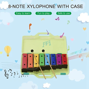 1Set 8-Observação Xilofone Colorido Glockenspiel Removível Cor do arco de Metal Com um Maço de Plástico Verde Caso