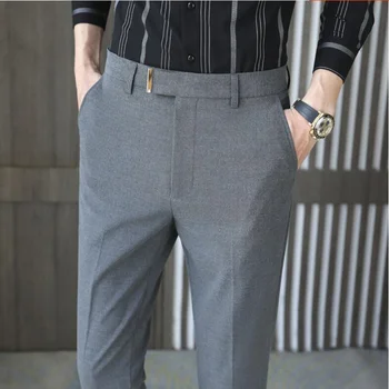 2022 Slim Fit Homens Vestem Calças De Moda Listras Verticais Terno Streetwear Tornozelo Comprimento Do Office Calças Formais 29-36