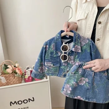 2023 Meninas coreano Bebê Floral Pinted Jeans Conjunto de Roupas de Jaquetas+saias Moda infantil para Crianças de Flores Jeans Primavera, Outono Roupas