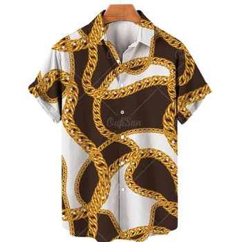 2023 Nova Marca de Camisas masculinas Padrão de Cadeia Impressos em 3D de Manga Curta Camisa Havaiana Solta Harajuku Blusa Hip Hop Moda Tops 5XL