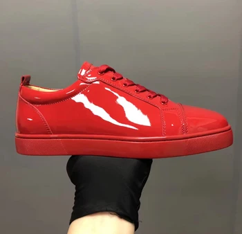 2023 Quente Sapatos de Luxo Fundo Vermelho Sapatos Baixos Superior Sapatos de homem Vermelho de Couro de Patente Lace-Up Casual Par de Sapatos de Tênis Tênis