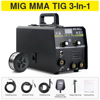 3 Em 1 Mig TIG MMA Sem Gás, Máquina de Solda 250 Super 220V Equipamento de Soldadura Inteligente de Ajuste do Soldador do Inversor de IGBT