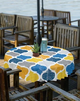 Amarelo Geométricas Marroquino Retro Exterior Toalha de mesa com Guarda-chuva Buraco com Zíper Impermeável Piquenique Pátio Mesa Redonda Tampa
