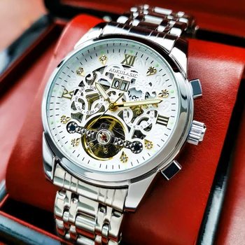 AOKULASIC de Relógio de Aço Homens Relógios Automáticos de Negócios de Luxo Esqueleto Mecânico Relógios Mens Impermeável Relogios Masculino