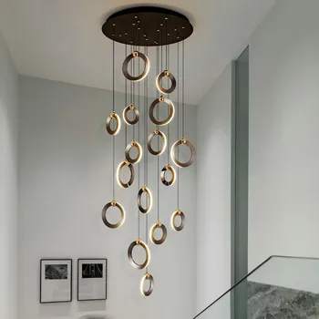Arte LED Lustre Pingente de Luz de Lâmpada Duplex de Giro Escada de Jantar, Sala de estar Anéis de Alumínio Moderna Vivenda de Luxo Lobby