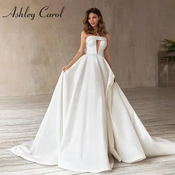 Ashley Carol Vestido de Noiva Uma Linha De 2023 de Cetim sem Alças, Corte Crop Top Vestidos de Noiva sem Mangas Tribunal de Trem Vestidos De Noiva