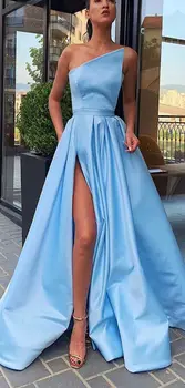 Azul Noite Vestidos de 2023 Longo de Cetim Strapless Uma Linha de Piso Comprimento, com Fenda Cintura Império Festa Formal Mulheres Prom Vestidos Personalizado