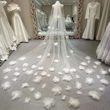 Branco Marfim Flores em 3D Véus de Noiva com Apliques de 3m 4m 5m de comprimento de Comprimento Catedral Nova Véus de Casamento Vestido De Noiva Longo