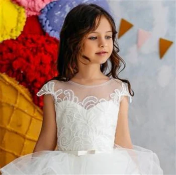 Branco Vestidos da Menina de Flor de Tule Puffy Apliques sem Mangas em Camadas Para Casamento lindo filho a Primeira Comunhão, Festa de Aniversário Vestidos