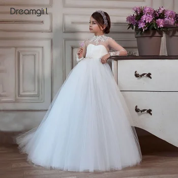 Branco Vestidos da Menina de Flor para Casamentos Manga Longa Princesa Vestidos de Tule Apliques de Crianças, Concurso de Vestido de baile Vestido de Primeira Comunhão