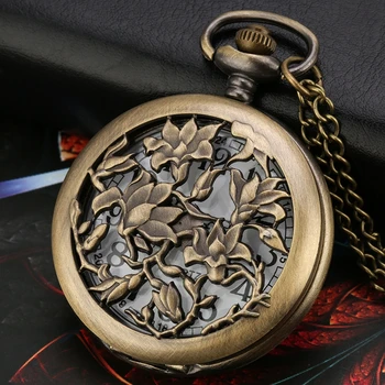 Bronze oco flor de quartzo relógio de bolso colar pingente vintage cadeia de camisola da mulher presente de Natal
