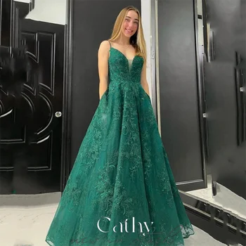 Cathy Luxo Uma linha de Vestidos De Noiva de Espaguete fita para o Laço Embroid Vestido de Baile 2023 Verde Escuro Vestido de baile فساتين السهرة