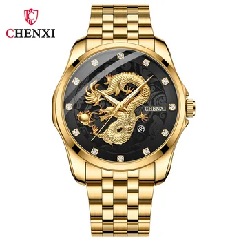 CHENXI 8220 de melhor Marca de Luxo de Relógio Homem Moda Dragão de Ouro de Aço Cheia de Quartzo Relógio Homens de Negócios Impermeável Data de Relógios de pulso