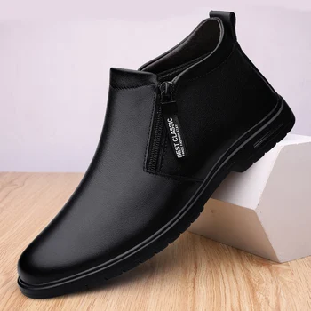 Couro genuíno Chelsea Botas para Homens de Inverno Quente Botas Pretas do Lado do Zíper Masculino Slip-On Sapatos de Homens Quentes da Venda informal do Tornozelo Botas