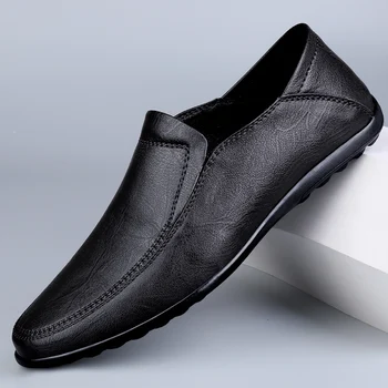 Couro genuíno Homens Casuais Sapatos de deslizamento em moda de Luxo da Marca Mens Sapatos Mocassins Respirável Preto Condução Sapatos homens