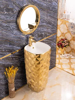 Estilo europeu lavatório, ouro integrada, de chão, conectado coluna, bacia, cor ouro, luz de luxo, criativo lavagem
