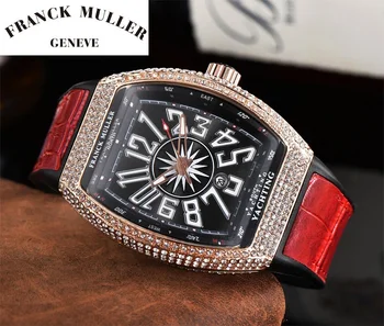 FRANCK MULLER Homens Relógio de Luxo Gelado Fora Moldura do Diamante Relógios de Moda Impermeável Brilho de Quartzo relógio de Pulso com Pulseira de Couro Relógio