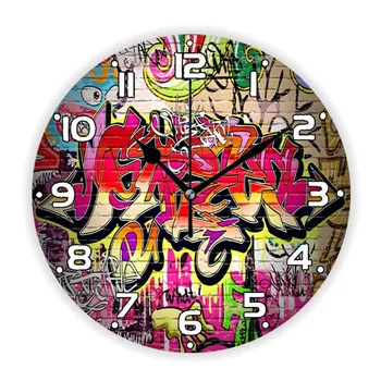 Grunge Rua Graffiti Arte do Grande Relógio de Parede para Sala de estar, Escritório Moderno Hip Hop Pintura de Pulverizador Redondo Relógio de Parede Decoração Presente