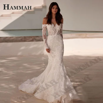 HAMMAH Elegante Sereia Vestidos de Noiva Para Mariages Apliques de Renda com Mangas Longas Ilusão Zíper 2023 Vestes De Mariée