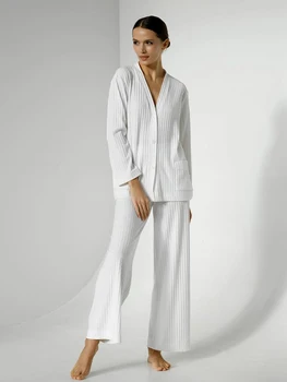 Hiloc Bolsos Duplos Tricô Elegante das Mulheres de Conjuntos de V-Pescoço com Nervuras Pijamas Marrom Manga Longa Breasted Único Pijama Conjunto Branco