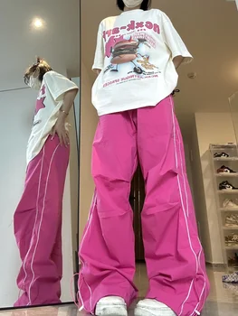 Hip Hop Y2K cor-de-Rosa Track Pants Mulheres de grandes dimensões Streetwear de Perna Larga de Moletom Harajuku Seca Rápido, Esportes Calças de Roupas