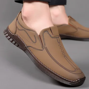 Homem Retro Centavo Artesanal Sapatos De Couro De Vaca Genuíno Antiderrapante Macio Sapatos De Costura Confortável E Casual Oxford