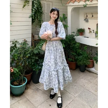 Korejepo Vintage Vestidos Doces Suave de Flor de Bolha Manga do Vestido de 2023 Mulheres de Verão de francês Pausa para o Chá Magro de Fadas Roupas Chiques