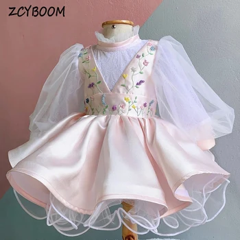 Linda Rosa de Gola Alta Lanterna Mangas do Vestido da Menina Flor Para o Casamento De 2023 Bola Vestido de princesa Pequena Mancha Primeira Comunhão Vestidos