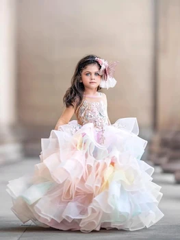 Luxo De Rendas Vestidos Da Menina De Flor De Princesa Camadas De Tule Bola Vestido De Primeira Comunhão De Baile Trajes Moda 2023