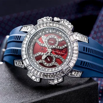 Luxo Diamante Relógio de Quartzo do Mercado de Personalidade Grande Dial Pulseira de Borracha Impermeável Homens Esqueleto Relógios de pulso dropshipping