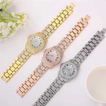 Moda Das Mulheres De Luxo Do Diamante Relógios De Aço Pulseira De Senhoras Quartzo Relógio De Ouro Rosa Das Mulheres Relógio De Pulso Brilhantes De Cristal Reloj Mujer