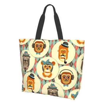 Moda De Bigode Macaco Feliz Gibbon Engraçado Dos Desenhos Animados De Orangotangos Do Tote Da Lona Saco A Granel Grande Casual, Shopping Bolsa De Ombro