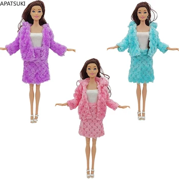 Moda Senhora Conjunto de Roupa para a Boneca Barbie com Roupas Tops sem Mangas Casaco de Pele Saias Sandália Sapatos Para Barbie 1/6 Bonecas Acessórios