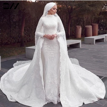Muçulmano Sereia Vestidos de Noiva com Trem Destacável Apliques de Renda Overskirt Vestidos de Noiva Hijab Tribunal de Trem Modesto Vintage Rob