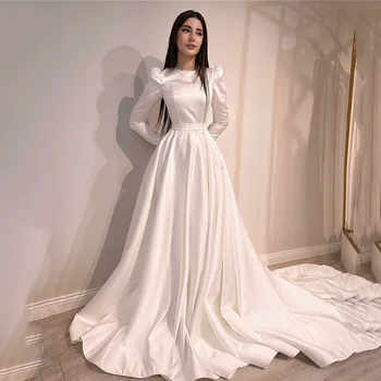 Muçulmano Vestidos de Noiva com Mangas compridas, Uma Linha de Cetim Vestido de Noiva Vintage Tribunal de Trem Feitos Vestidos de Noiva 2023