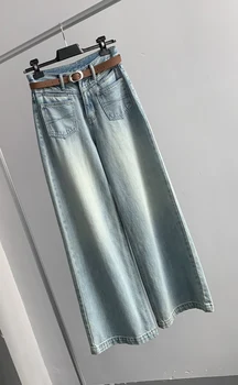 Novo design retro luz azul perna reta wide-leg jeans com bolsos frontais