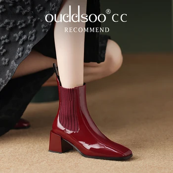 ODS Mulheres Botas de Patente de Couro Genuíno Chelsea Boots Sapatos com Zíper Dedo do pé Quadrado Cinzento de Outono Inverno Senhoras Ankle Boots Feminina Red41