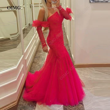 OIMG Sereia Dubai, Arábia Mulheres de Vermelho Vestidos de Noite sem Alças Mangas Completo em Camadas de Tule Moderno Formal Clube de Noite Vestidos de Baile
