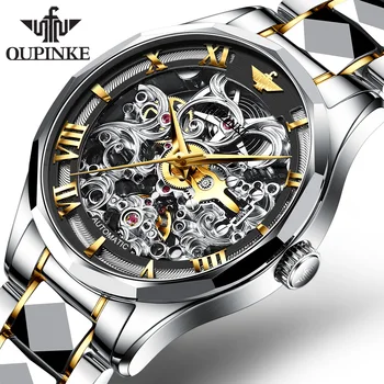 OUPINKE Homens Mecânicos, Relógios de pulso Esqueleto de Design Relógio Automático Luxo Safira Impermeável Relógios Oco com ligação Reloj Hombre