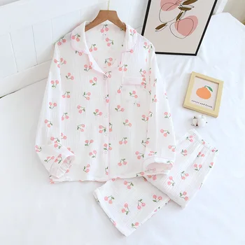 Outono e Inverno Queda de Manga comprida Homewear Solta 2Pcs de Pijama Conjunto de 100% de Gaze de Algodão Casual Impressão de Dormir Camisa Home Desgaste