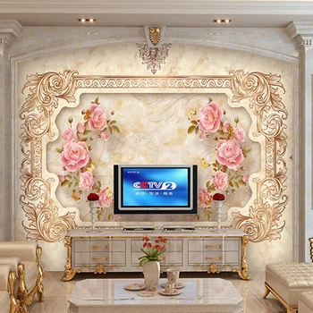 Personalizado Tamanho Grande, de Parede Estilo Europeu 3D Estéreo de Alívio de Flores Rosa Murais de Parede Decoração Sala Quarto TV pano de Fundo