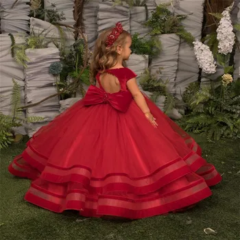 Personalizar O Casamento Vestidos Da Menina De Flor Vermelho Lindo Laço De Tule Em Camadas Princessparty Bola Comunhão Vestidos De Presente De Aniversário
