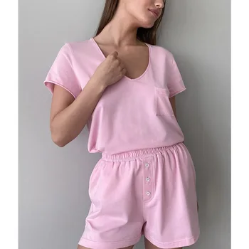 Pijama Conjuntos Mulheres Decote Em V Manga Curta Bolsos Superior Shorts Pijamas Terno Casa De Verão Vestir Roupas Curtas Calças De Senhoras
