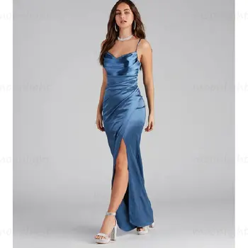 Querida Sereia Vestido De Baile Azul Com Alças Finas, Sem Encosto De Cetim Lado De Divisão Plissado Festa Formal Vestidos De Noite Vestidos De Noche