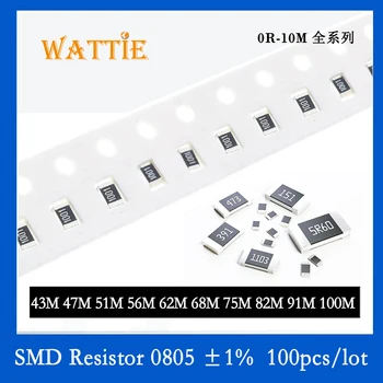 Resistor SMD 0805 1% 5% 43 47M 51M 56m tipo de 62M 68 MILHÕES 75M, 82M 91M de 100M 100PCS/monte chip resistores de 1/10W 2.0 mm*1.2 mm de altura megohm