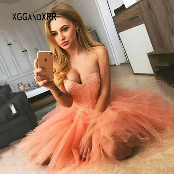 Sexy Laranja Curto Prom Vestidos De 2023 Beading Top Sem Costas Saia De Tule Doce De 15 Vestido De Princesa Pequena Aniversário De Gala Vestido Formal