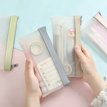 Simples TPU Transparente de Couro coreano Moda INS Lápis Saco de Bolsas de papel de carta Organizador caixa de Lápis de Pencilcase Escola Caneta Caso